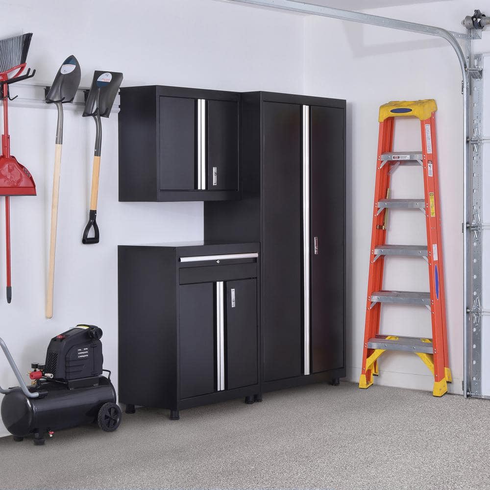 Black Freestanding Lockable Steel Storage Cabinet with Adjustable Shelving