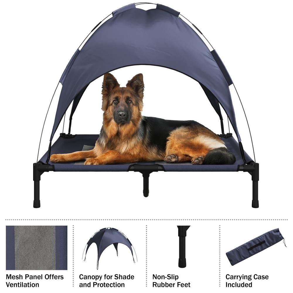 Large Navy Blue Elevated Outdoor Waterproof Dog Bed with Canopy