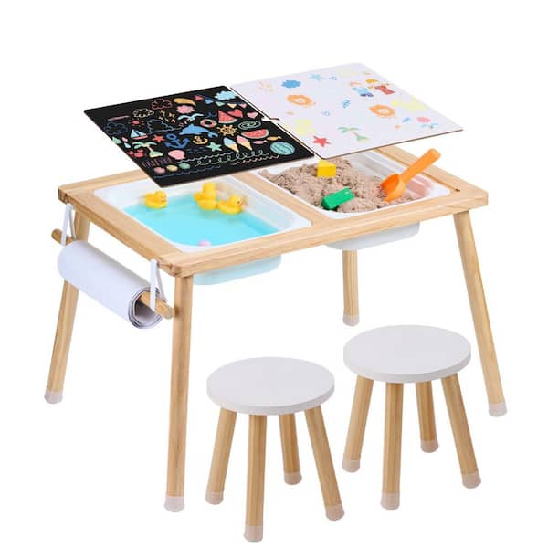 Sensory Table and Chairs Set, Toddlers Activity Table with 2-Stools 2-Storage Bins and Paper Roll Holder Indoor/Outdoor