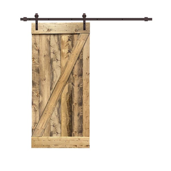 CALHOME 24 in. x 84 in. Z Bar Weather Oak Stained Solid Knotty Pine Wood Interior Sliding Barn Door with Sliding Hardware Kit