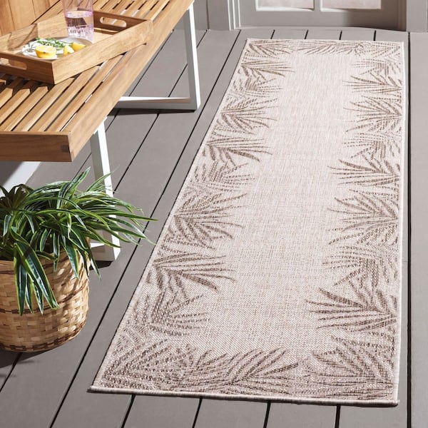 Beach House Beige/Brown 2 ft. x 8 ft. Floral Border Indoor/Outdoor Runner Rug