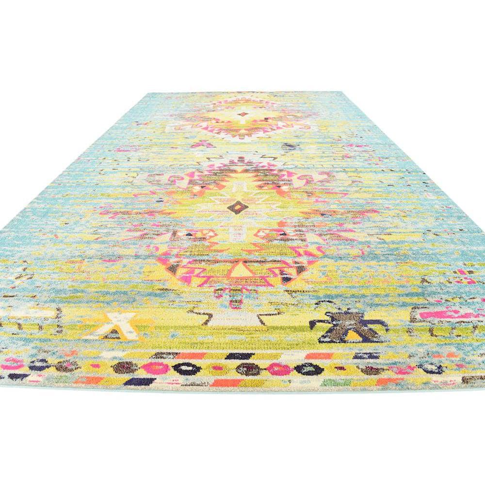 Turquoise and Yellow Abstract Synthetic Stain-Resistant Rug