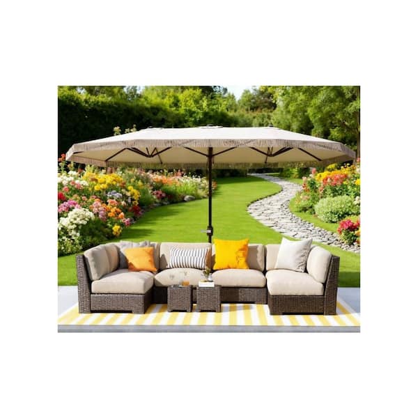 cream rectangular patio umbrella VAMOP 15 ft. Steel Cantilever Rectangle Patio Umbrella with Fringe and  Crank Lift in Cream White ZZH102784