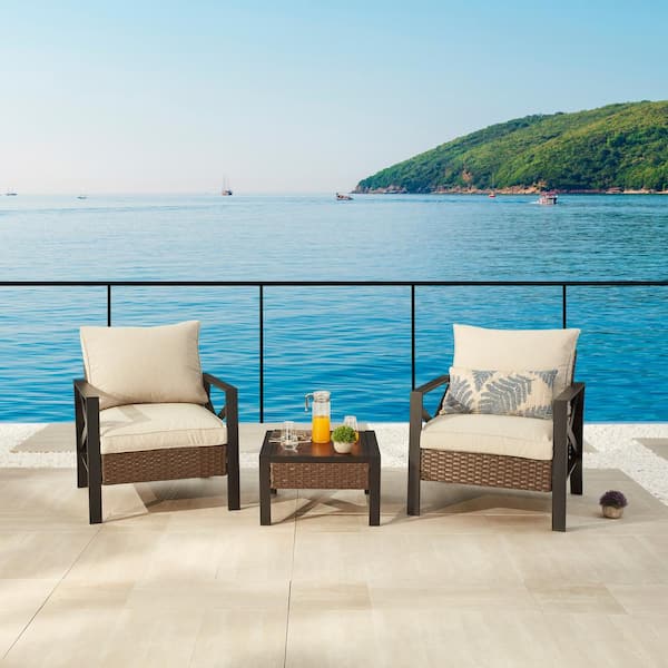 Patio Festival X-Arm 3-Piece Wicker Conversation Set with Beige Cushions