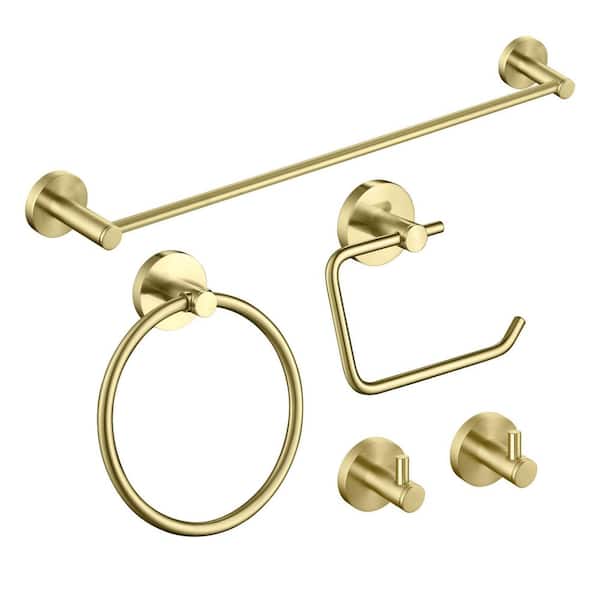 5-Piece Bathroom Hardware Set with Towel/Robe Hook Toilet Paper Holder Towel Ring Towel Bar/Rack in Brushed Gold