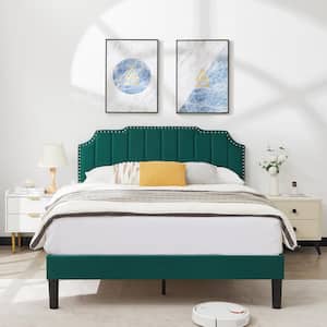 Upholstered Bed Green Metal+Wood Frame Full Platform Bed with Tufted Adjustable Headboard/Mattress Foundation