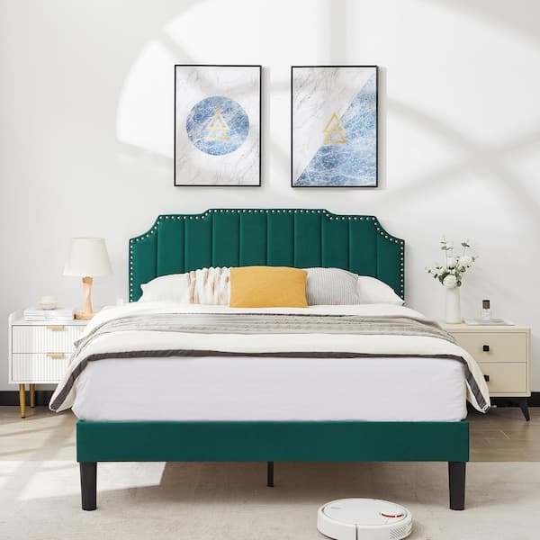 VECELO Upholstered Bed Green Metal+Wood Frame Full Platform Bed with Tufted Adjustable Headboard/Mattress Foundation