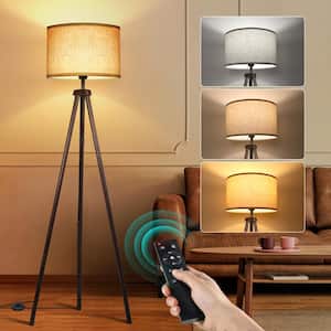 63 in. Dark Walnut Wood Tripod Floor Lamp Dimmable with Remote Control