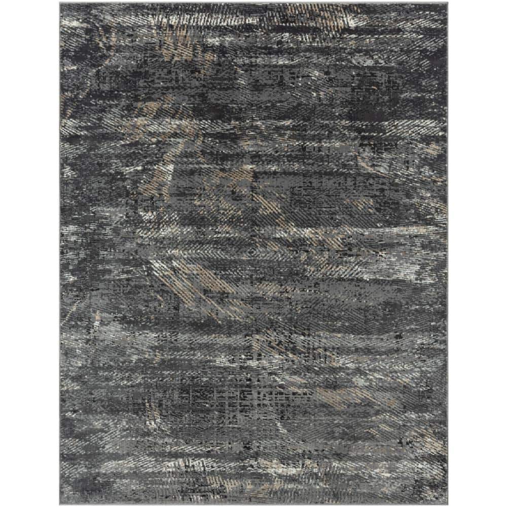 Gray and Black Abstract Rectangular Synthetic Area Rug