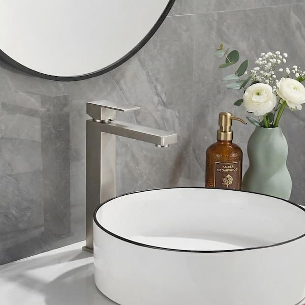 Vessel Faucet Single Handle Single Hole Bathroom Faucet with 15° Angled Spout Splash-Free in Brushed Nickel