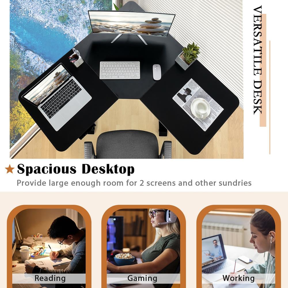 Black Adjustable Height L-Shaped Standing Desk with Hooks