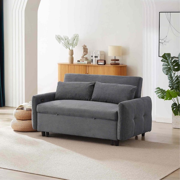 57.48 in. Square Arm Fabric Rectangle Sofa with Two Throw Pillows and USB Ports in. DARK GREY