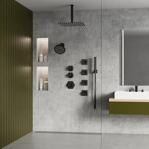 Thermostatic Valve 8-Spray 12 and 6 in. Dual Shower Head Wall Mount Fixed and Handheld Shower Head 2.5GPM in Matte Black