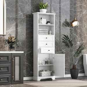 22 in. W x 10 in. D x 68.3 in. H White Freestanding Linen Cabinet with 3 Drawers and Adjustable Shelves in White