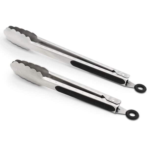 2 Pieces 9 in. and 12 in. Stainless Steel Kitchen Cooking Tongs Sturdy Food Tongs with Ergonomic Grip in Black