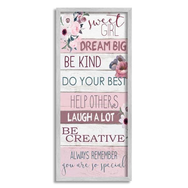 Stupell Industries "Sweet Girl Inspirational Phrases Soft Pink Florals" by Kim Allen Framed Typography Wall Art Print 10 in. x 24 in.