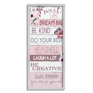 "Sweet Girl Inspirational Phrases Soft Pink Florals" by Kim Allen Framed Typography Wall Art Print 13 in. x 30 in.