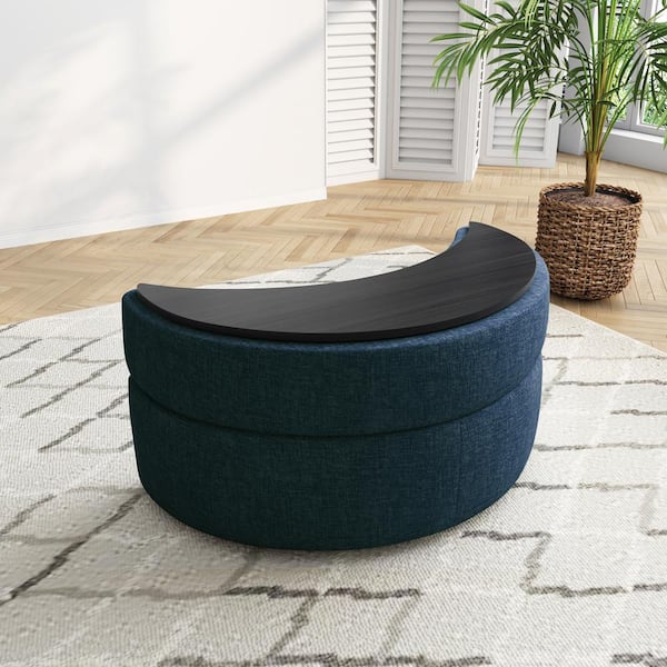 Uixe Modern Navy Blue Chenille Half Crescent Moon Storage Ottoman (Set of 1)