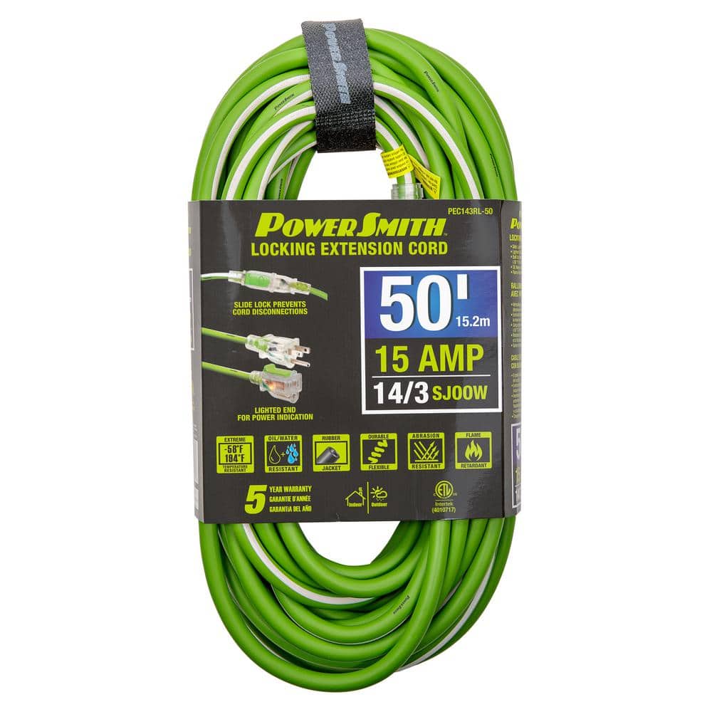 PowerSmith 50 ft. 14/3 AWG Rubber Jacket 15 Amp Heavy-Duty Indoor ...