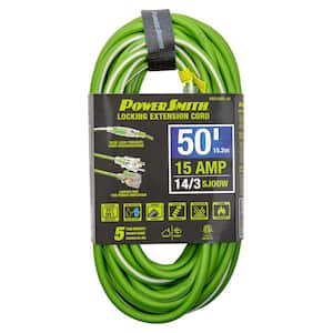 50 ft. 14/3 AWG Rubber Jacket 15 Amp Heavy-Duty Indoor/Outdoor Locking Extension Cord, Green