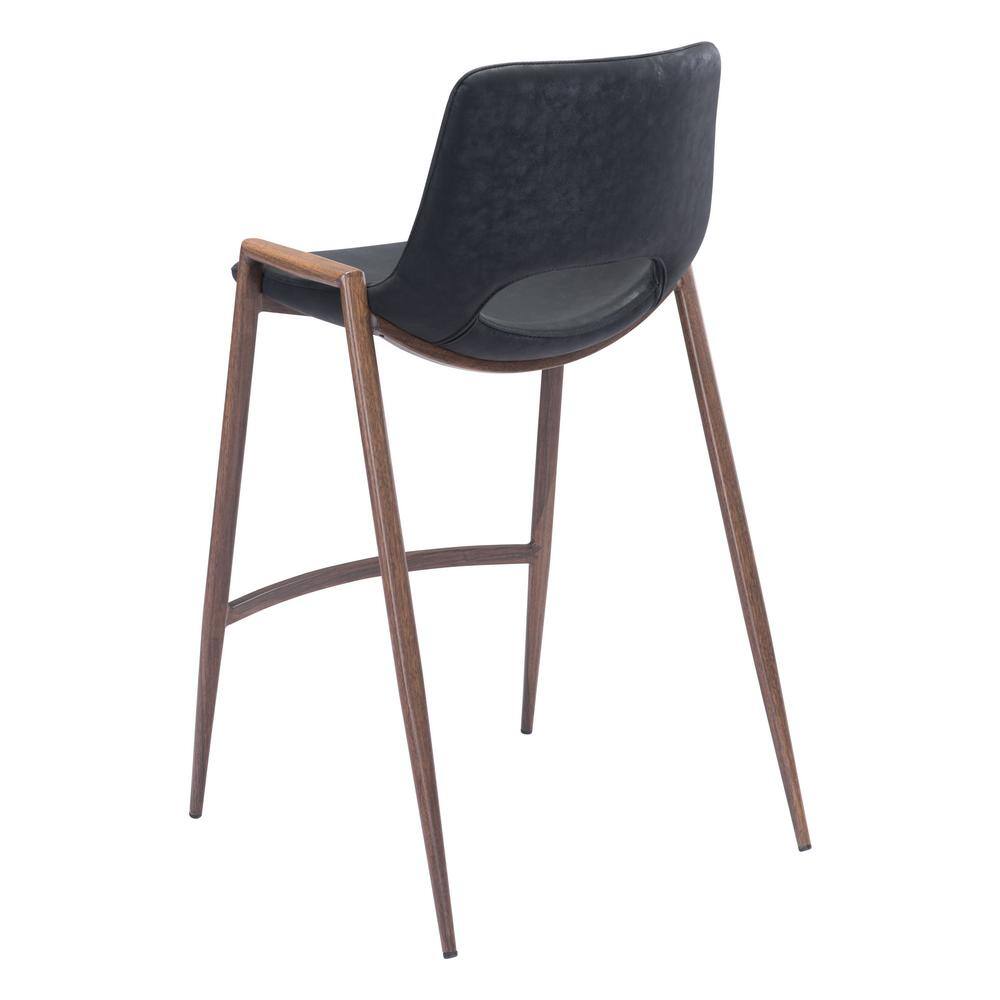 Black Leather and Walnut Wood Counter Stools, Set of 2