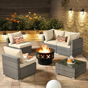 Hippish Gray 6-Piece Wicker Patio Wood Burning Fire Pit Conversation Set with Beige Cushions