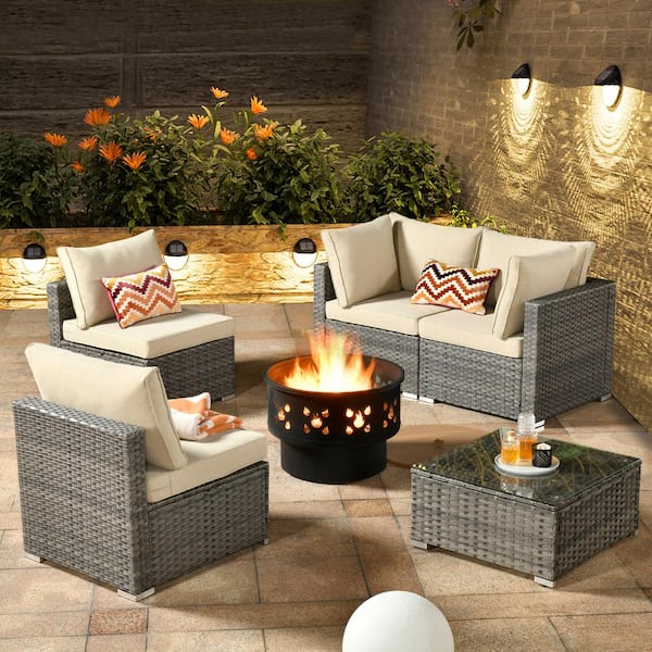 OVIOS Hippish Gray 6-Piece Wicker Patio Wood Burning Fire Pit ...