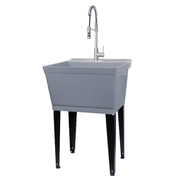 TEHILA 22.875 in. x 23.5 in. Grey 19 Gallon Thermoplastic Utility Sink Set with High-Arc Stainless Steel Coil Pull-Down Faucet