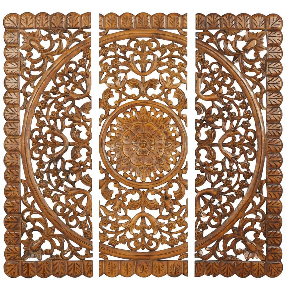 DecMode Brown Wood Handmade Intricately Carved Floral Wall Decor with Mandala Design (3 Count)