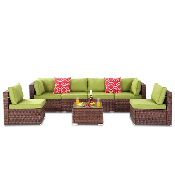 Unbranded Brown 7-Piece Wicker Patio Conversation Set with Green Cushions
