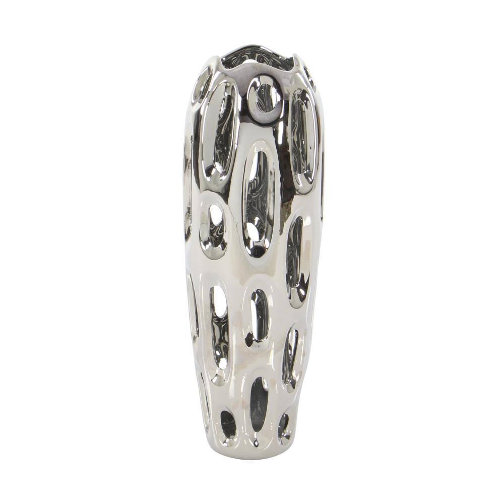 Elegant Silver Ceramic Cylinder Vase for Modern Decor, 21"