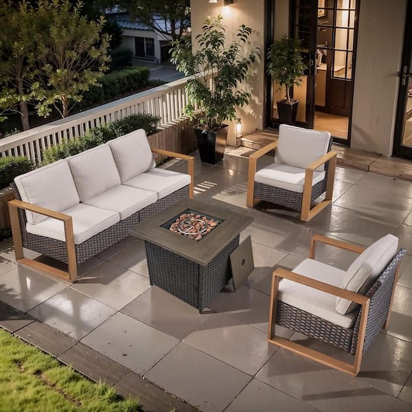 Cube Edge 4-Piece Brown Wicker Fire Pit Conversation Set with Olefin Beige Cushions and Couch/Patio Lounge Chairs