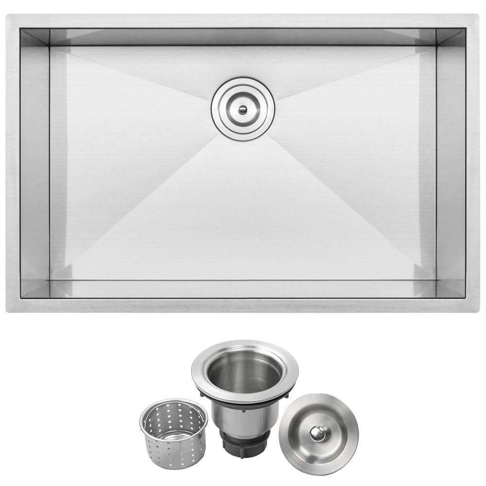 Ticor Pacific Zero Radius Undermount 16-Gauge Stainless Steel 30 in. Single Basin Kitchen Sink with Basket Strainer, Satin Brushed Stainless Steel