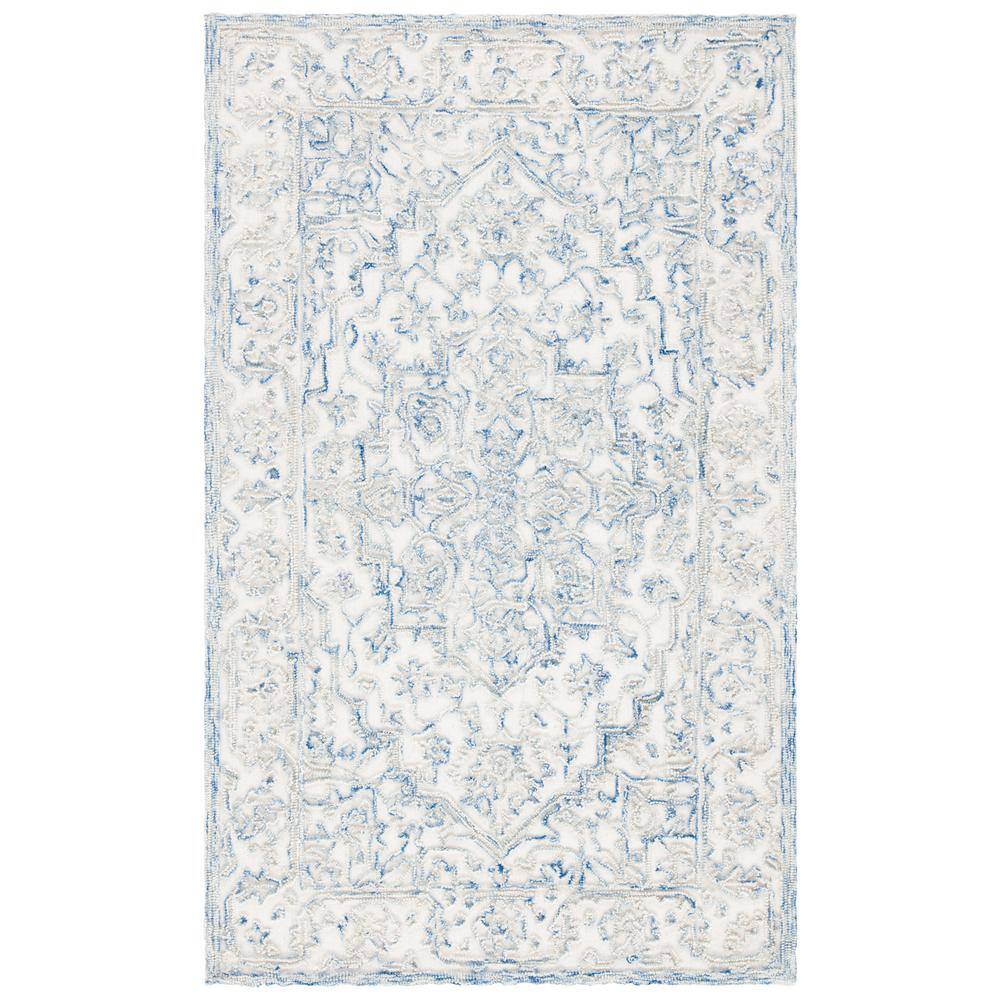 Elegant Hand-Tufted Wool Rectangular Rug in Ivory and Blue
