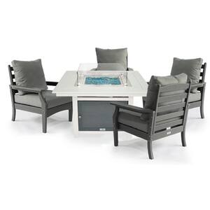 Park City 42 in. 2 Tone White Square Fire Pit, 5-Piece Plastic Patio Conversation Set with Gray Aspen Chairs
