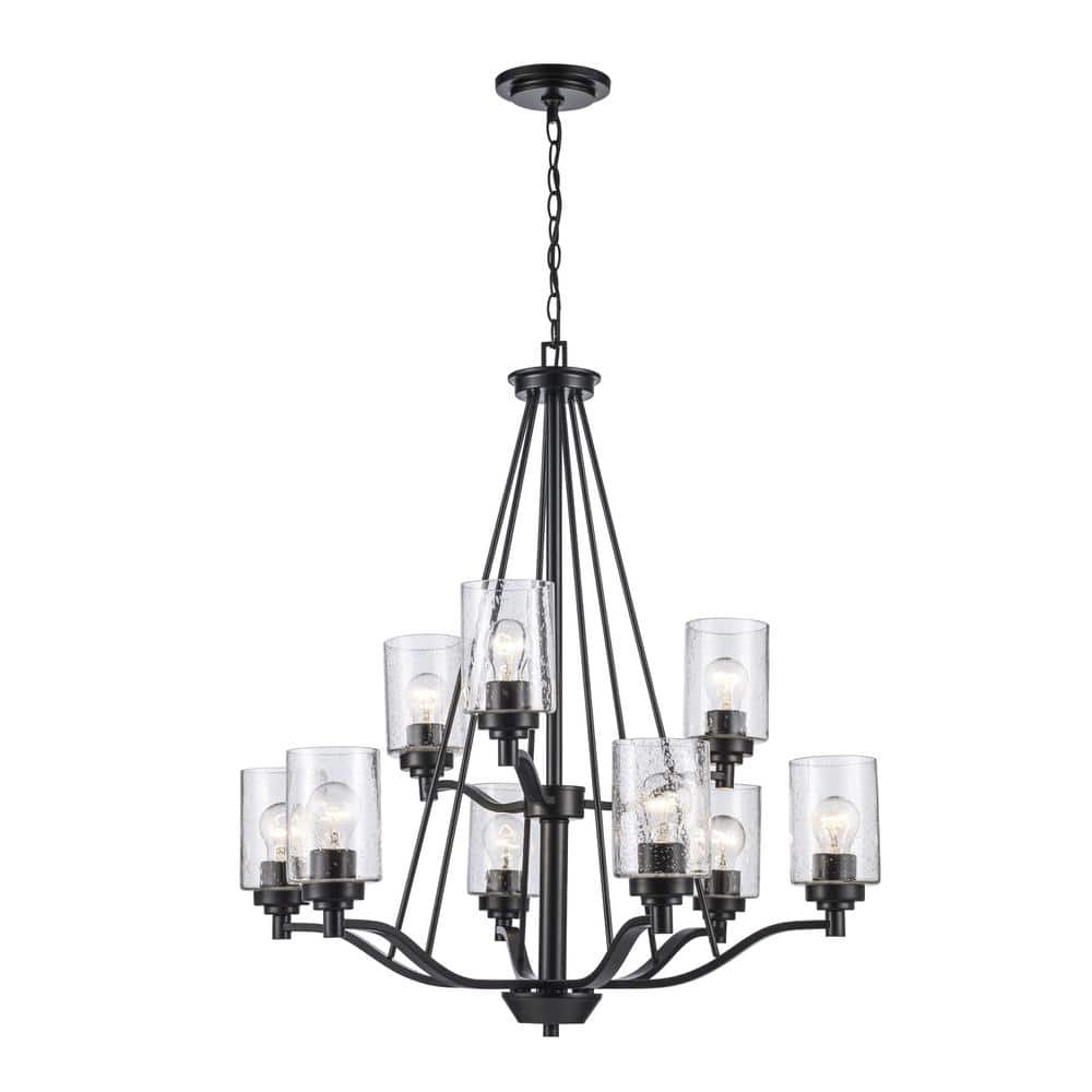 Simi Modern Black 9-Light Tiered Chandelier with Seeded Glass Shades