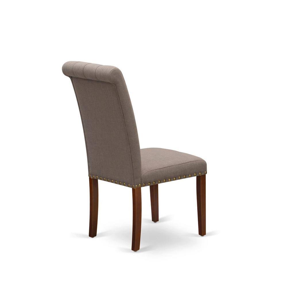 Three-quarter back view of a brown linen Parson dining chair.