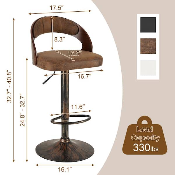 Bar Stools Set of 2, Counter Height Stool with Bentwood Back, Arm and Footrest, 24.8 in. Metal Swivel Barstools, Brown