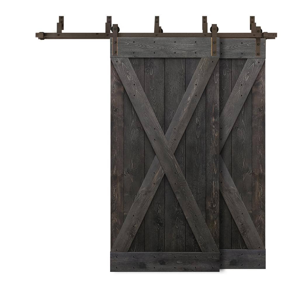 76 in. x 84 in. X Bar Bypass Charcoal Black Stained Solid Pine Wood Interior Double Sliding Barn Door with Hardware Kit price history on PriceWatchPro