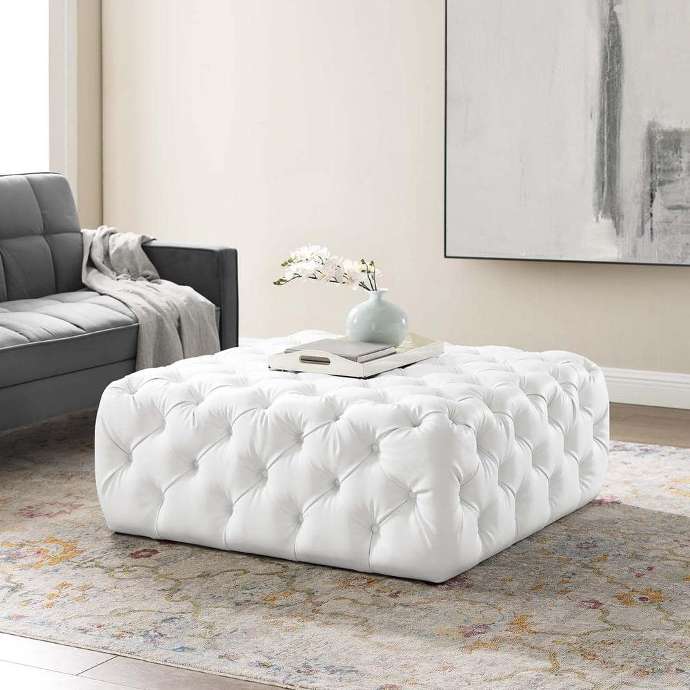 White Tufted Vegan Leather Large Square Ottoman