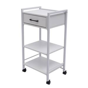 3-Tier Wood 4-Wheeled Utility Cart with Drawer in White