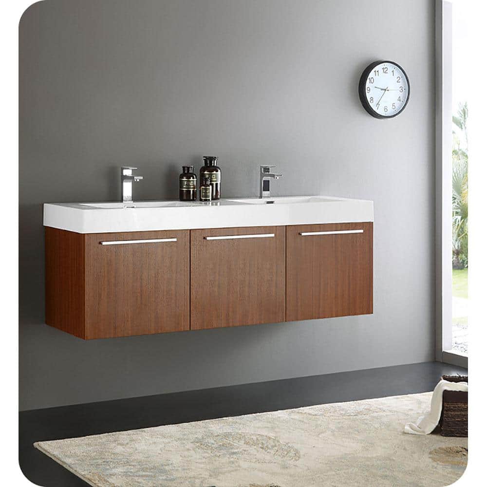 Teak Wall-Mounted Double Vanity with White Acrylic Sink