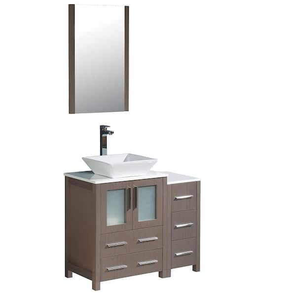 Fresca Torino 36 in. Vanity in Gray Oak with Glass Stone Vanity Top in White with White Basin, Mirror and 1 Side Cabinet