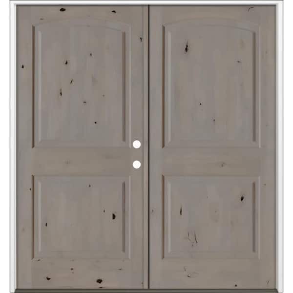 60 in. x 80 in. Rustic Knotty Alder 2Panel Arch-Top Active Left Double BEHR Weathered Gray Stain Wood Prehung Front Door