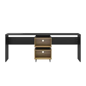 Nelson, 82.68 in., L shaped, Black Oak and Natural, Eng in.eered Wood and Metal Desk with shelves