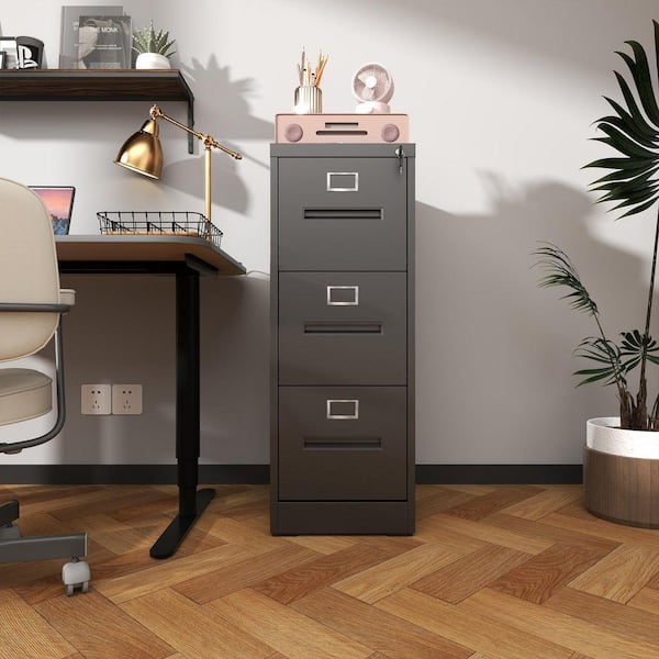 40.6 in. H x 17.7 in. D 3 Drawer Black Metal 14.9 in. W Vertical File Cabinet with Lock Metal File Cabinet Printer Stand