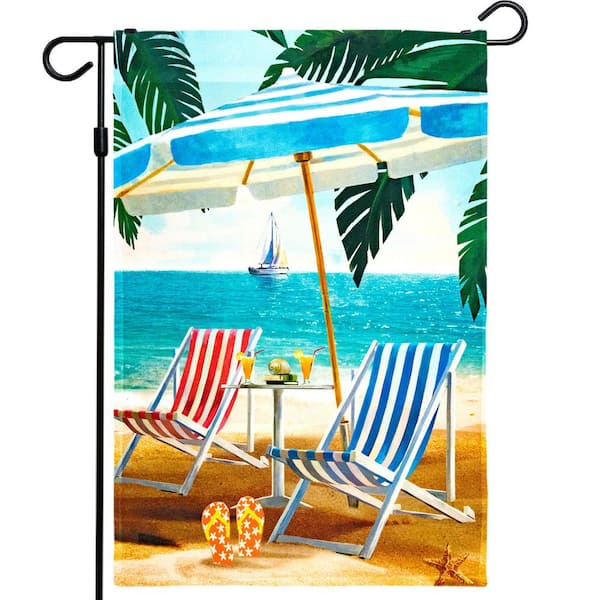 1 ft. x 1.5 ft. Polyester Beach Summer with Chairs and Umbrella 2-Sided Garden Flag Printed Blockout