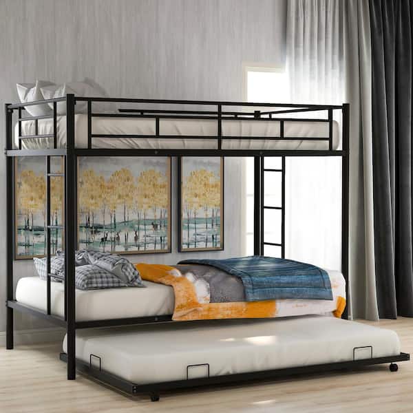 Polibi Black Twin Over Twin Bunk Bed with Trundle