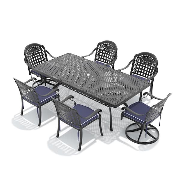 Black 7-Piece Cast Aluminum Outdoor Dining Set with Blue Cushions with Dining Chairs, Swivel Rockers and Dining Table