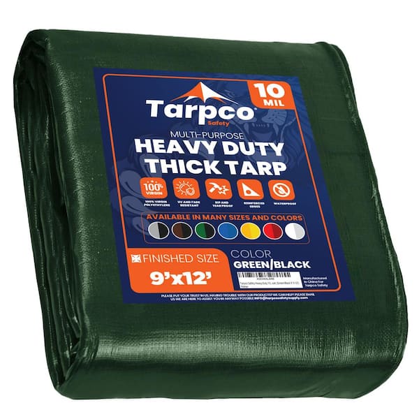TARPCO SAFETY 9 ft. x 12 ft. Green/Black 10 Mil Heavy Duty Polyethylene Tarp, Waterproof, UV Resistant, Rip and Tear Proof